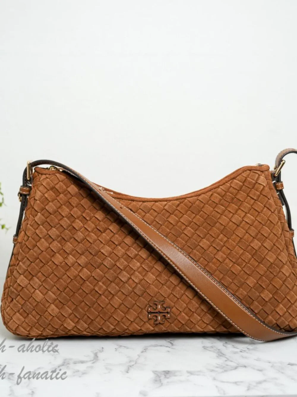 Tory Burch Thea Woven Suede Zip Top Shoulder Bag in Chicory Brown NWT